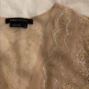 bcbgmaxazria / gold lace sheer shirt